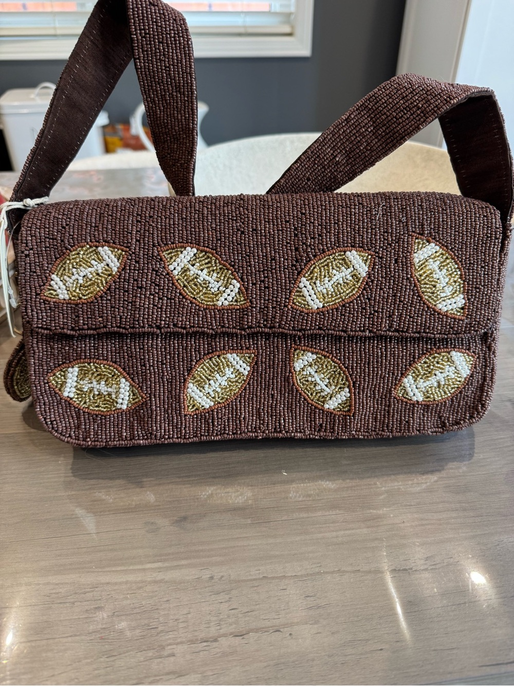 Brown Beaded Shoulder Bag with Football Motif